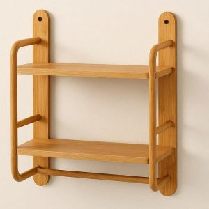 27 Bamboo Bathroom Shelf Wall Mounted with 2 Tiers Natural Wood