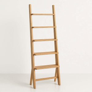 28 Freestanding Bathroom Floor Ladder Shelf with 5 Wooden Rungs